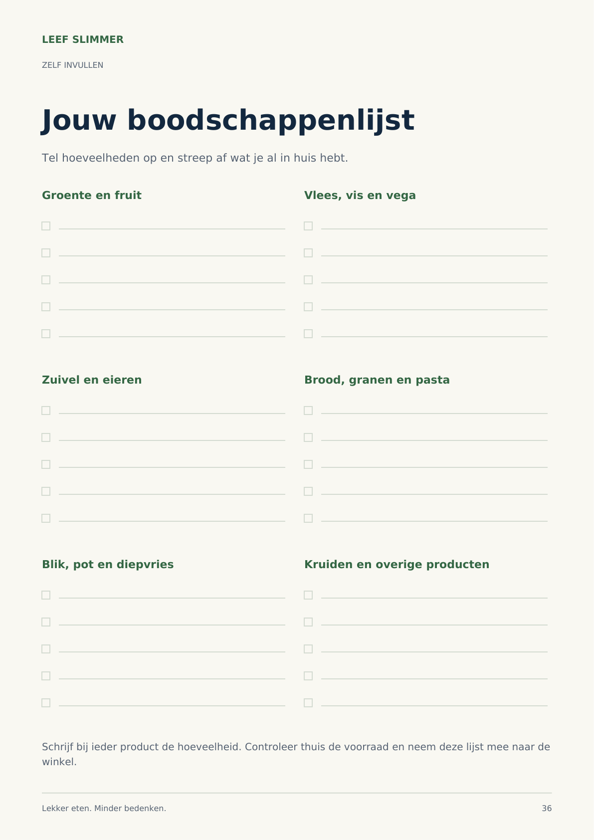 Voorbeeldpagina uit het receptenboek: een boodschappenlijst om zelf in te vullen
